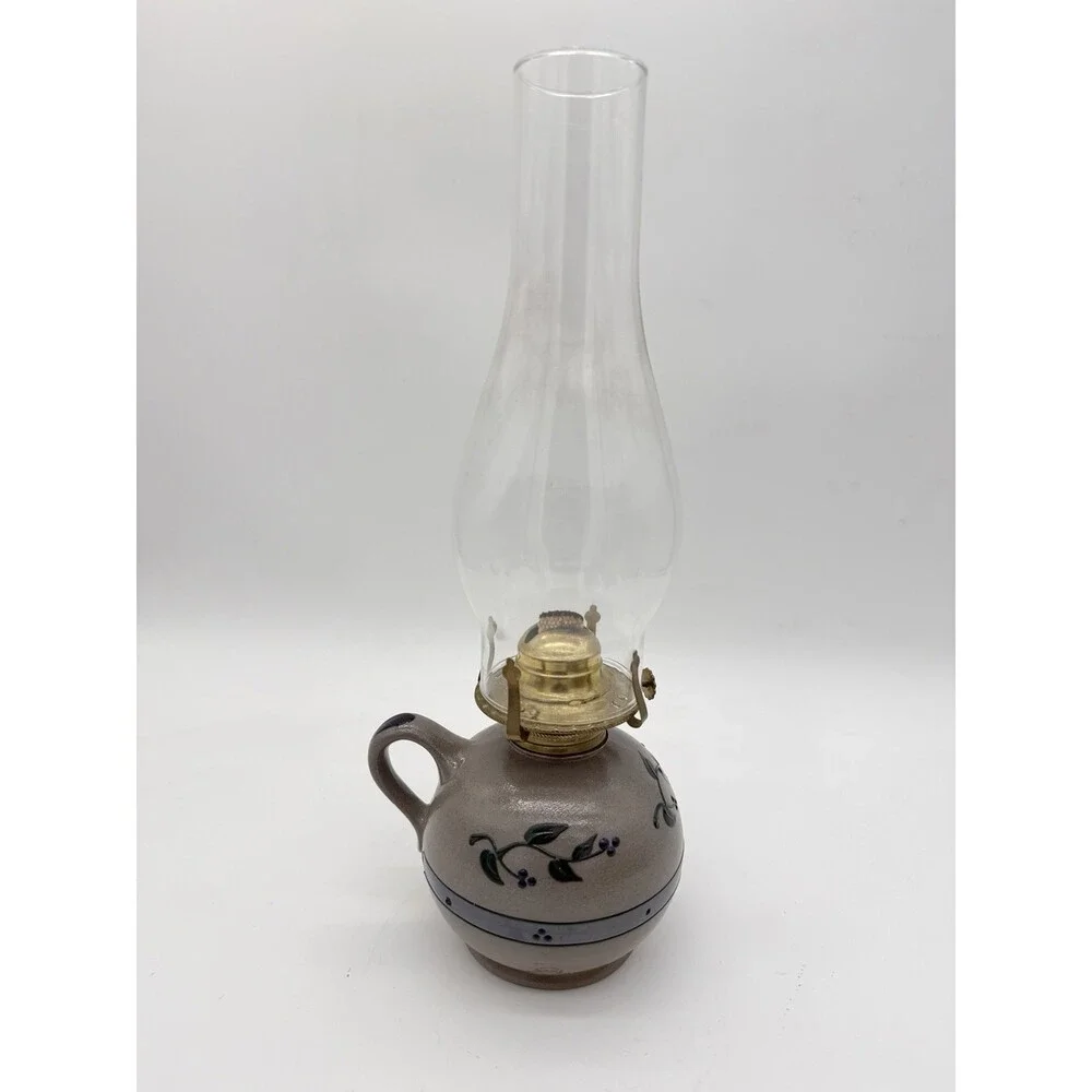 Rare Rowe Pottery Works Salt Glazed USA Oil Lamp Floral Pattern Painted 15”